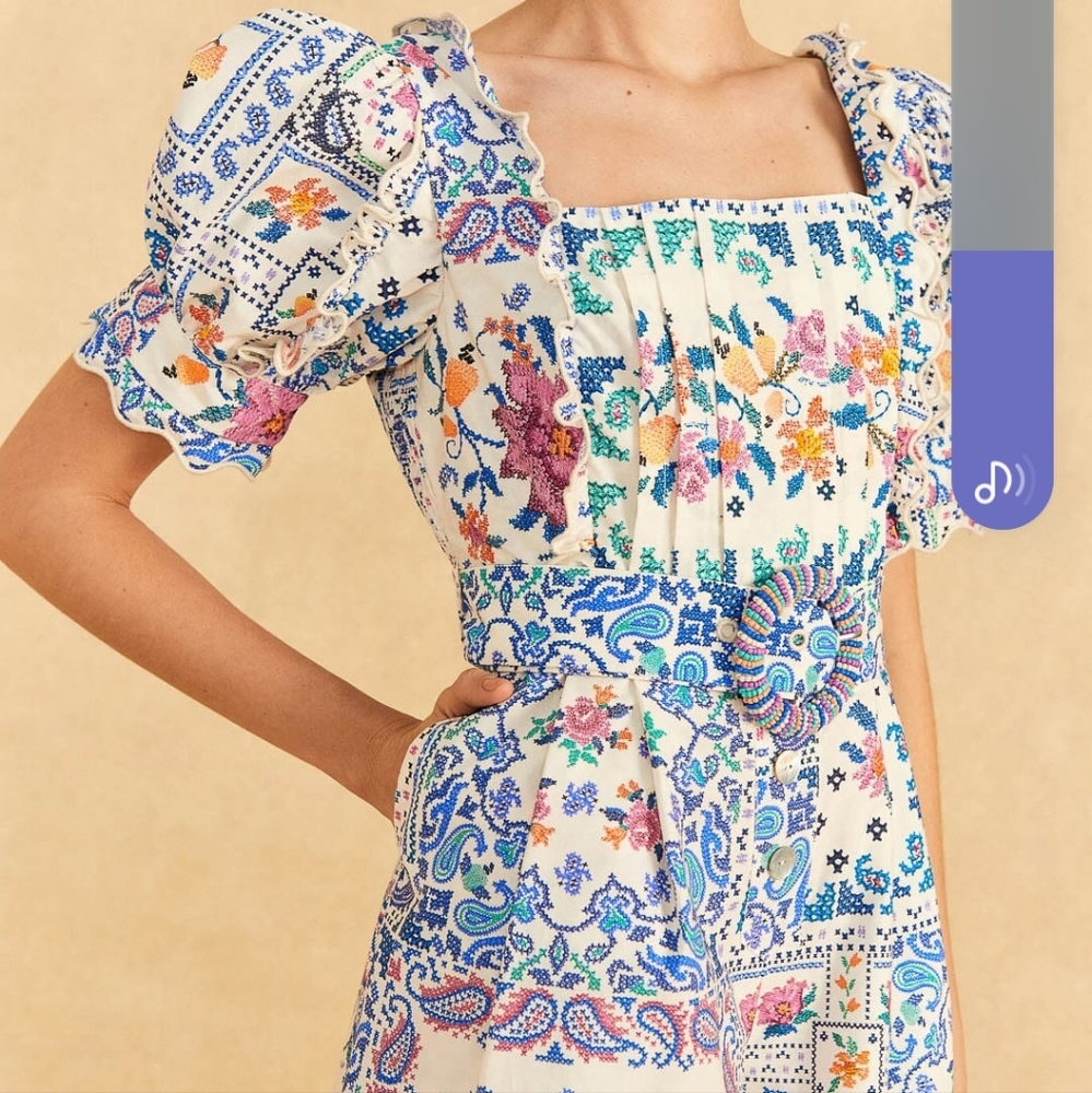FARM Rio White Multi-Color Floral Patchwork Puff-Sleeve Romper - Picture 3 of 4